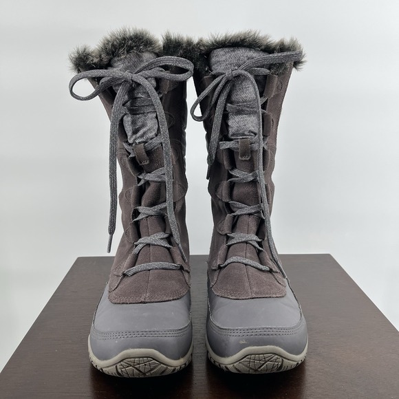 The North Face Boots Women's 8.5 Nuptse Purna Gray Suede Faux Fur Trim Mid Calf - Picture 2 of 8